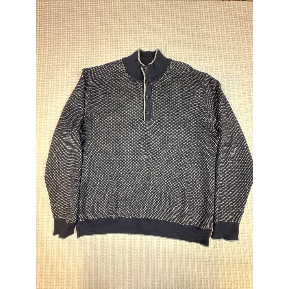 Robert Talbott Merino Wool Sweater XL Blue Textured Quarter Button Luxe